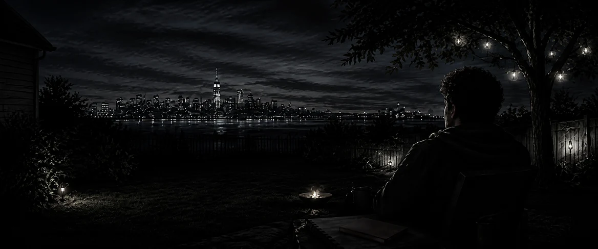 Present reflective night view toward Manhattan