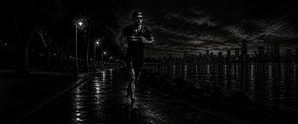 Night runner moving beside the waterfront